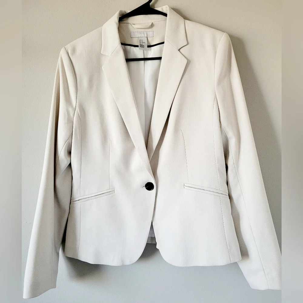 H&M Women's Fitted Blazer Ivory/Light Cream Woven Lined One Button New Medium - Picture 5 of 16